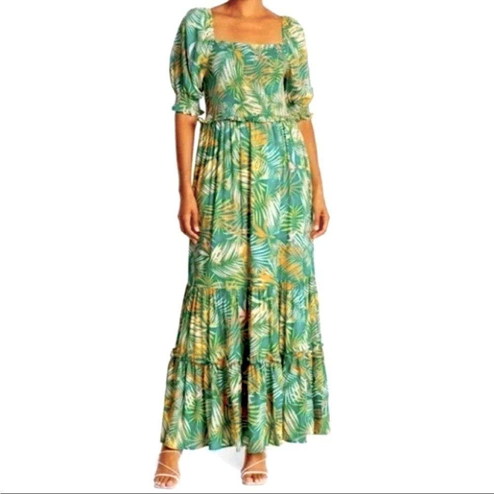 BETSEY JOHNSON Smocked Maxi Dress in Green Tropical Leaf Print Size X-Small - Picture 4 of 16